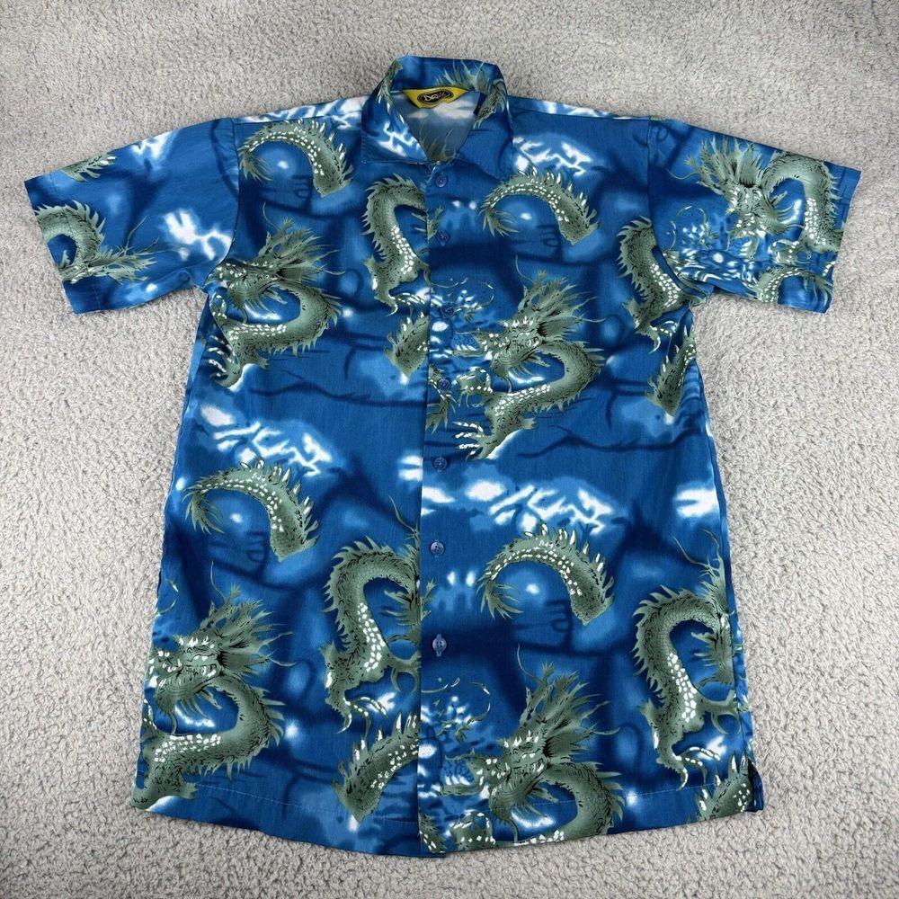 Drill Short Sleeve Button Up Shirt Dragon Print‎ Blue Youth Size Large 14-16 Y2k